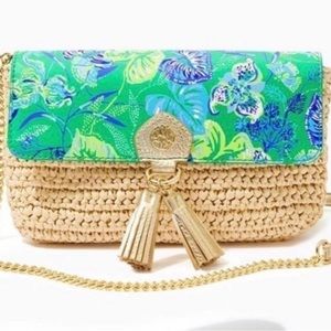 NWT Lilly Pulitzer Straw Crossbody Botanical Green In A Flutter Clutch